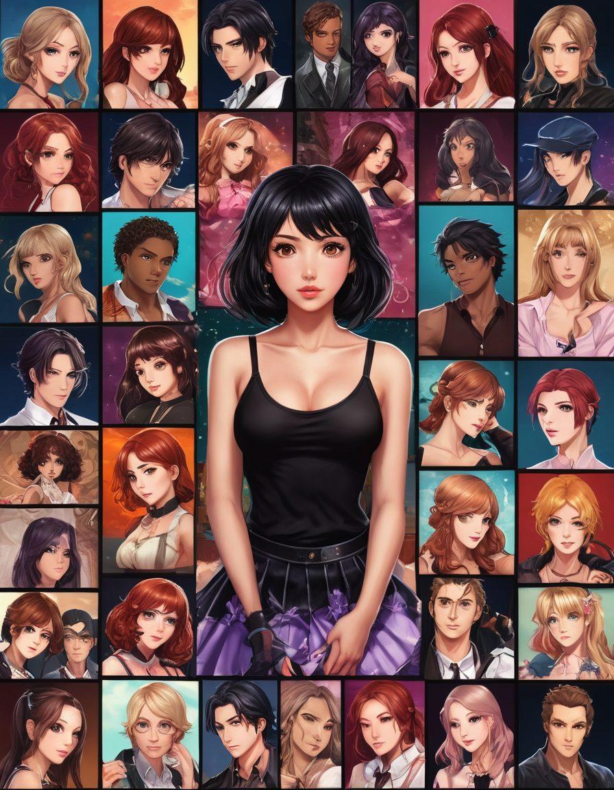 A visually stunning collage representing various fetishes in visual novels, featuring vibrant character designs and sensual props. Include a diverse group of characters engaging in playful yet tasteful interactions, surrounded by elements that symbolize different adult themes, like mysterious backgrounds and suggestive game interfaces. The atmosphere should balance playful and sophisticated. super-realistic. vibrant colors. dark background.