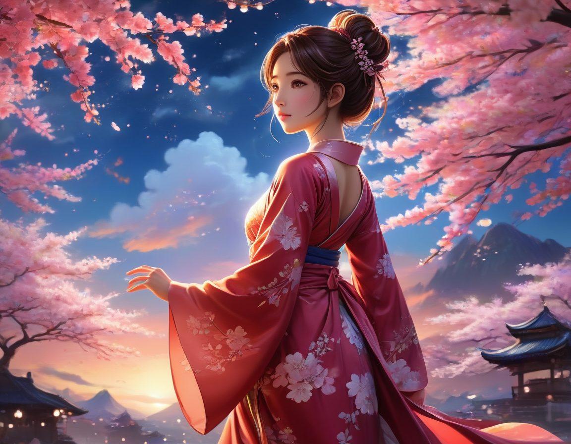 A captivating scene featuring a colorful, dynamic anime character embodying sensuality and fantasy, surrounded by whimsical elements like cherry blossoms and soft glowing lights. The character should exude confidence and allure, dressed in elegant, flowing garments that enhance their charm. Include subtle hints of symbolism representing inner desires, like dreamlike clouds or playful animal companions in the background. vibrant colors. digital art. high contrast.
