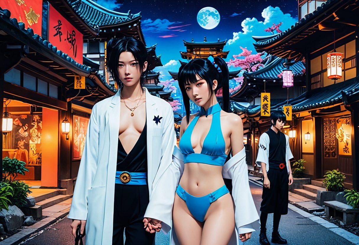 A visually striking collage featuring key elements of X-rated anime, combining ethereal characters expressing deep emotions intertwined with sensual poses. Background hints of Japanese landscapes and traditional motifs, with subtle art styles reflecting both sensuality and storytelling. Use vivid colors to emphasize contrast between sensuality and narrative depth, capturing the essence of provocative narratives. vibrant colors. cyberpunk. 3D.
